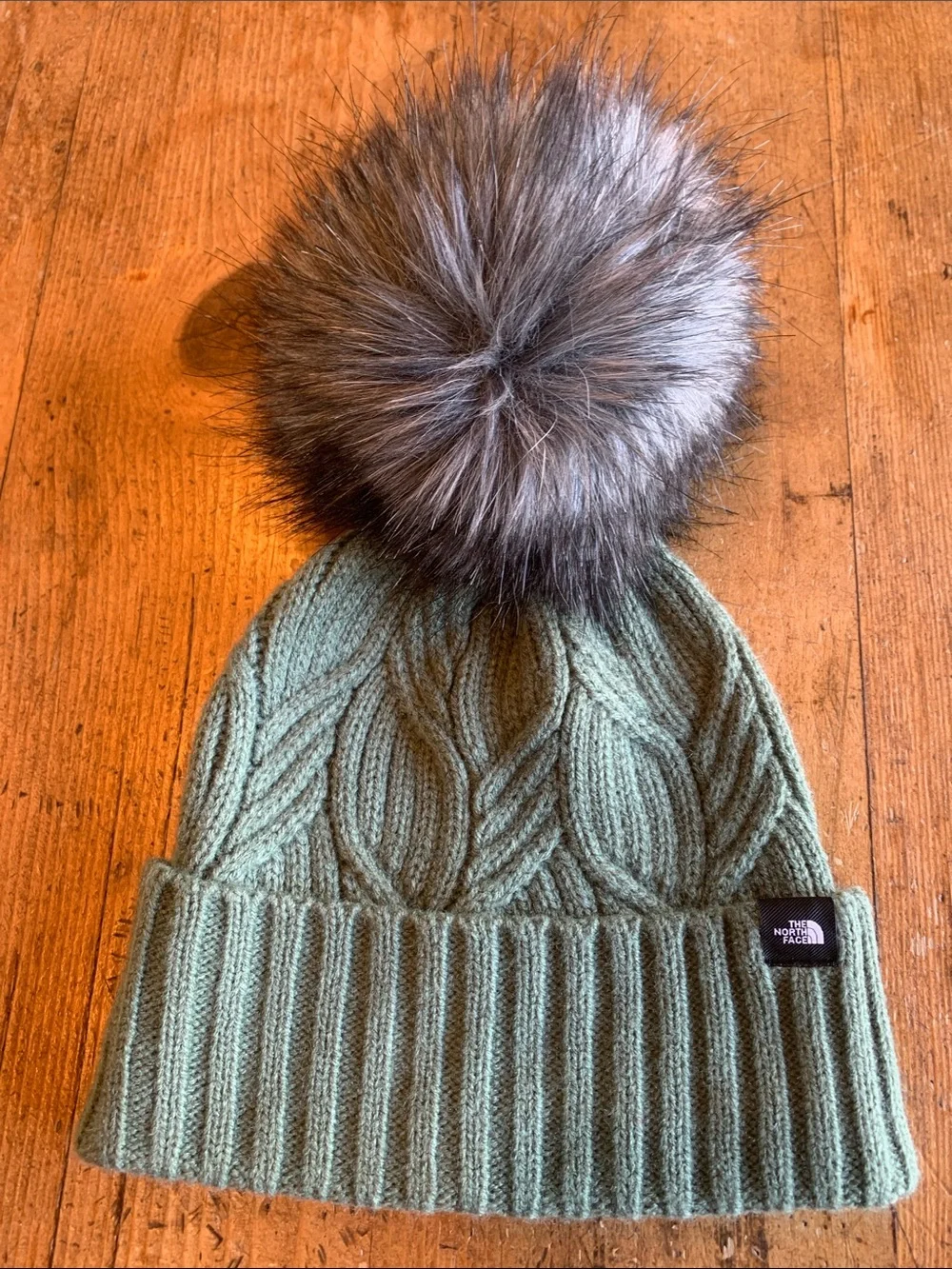 The North Face Kids Sage Green Cable Knit Pom Beanie